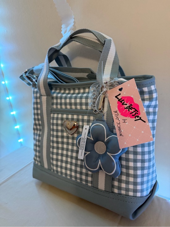 Girls Blue Gingham Tote Bag with Flower Charm